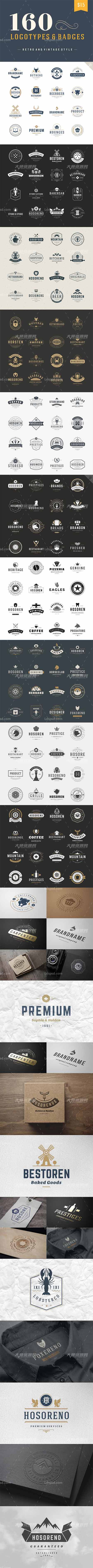 160 Vintage logotypes and badges,160个传统的标志和徽章